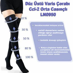 Silikon üst bant, çorapların bükülmeden ve yuvarlanmadan dik kalmasına yardımcı olmak için destek sağlar Normal çorapların görünümündedir, ancak tıbbi kompresyon sağlar
