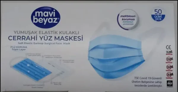 Mavi Beyaz Meltblown Cerrahi Maske 3'lü koruma Sızdırmaz Bariyer Meltblown Koruması Temas Katmanı Burun Teli yumuşak Elastil Kulaklık