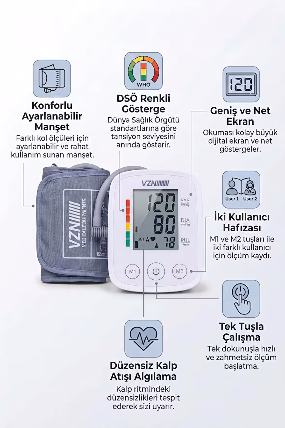 Vzn LD-581 Koldan Tansiyon Aleti Hızlı Ölçüm Özelliği ile Hafızalı Vzn LD-581 Type-C Girişli Dijital Tansiyon Aleti — hızlı ölçüm ve hafıza özelliği ile sağlığınızı kolayca takip etmenizi sağlar. USB Type-C girişi sayesinde pratik bir kullanım sunar.